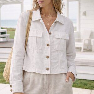 Nicole Miller White Linen Blend Cropped Jacket Button Front Utility Shirt M
